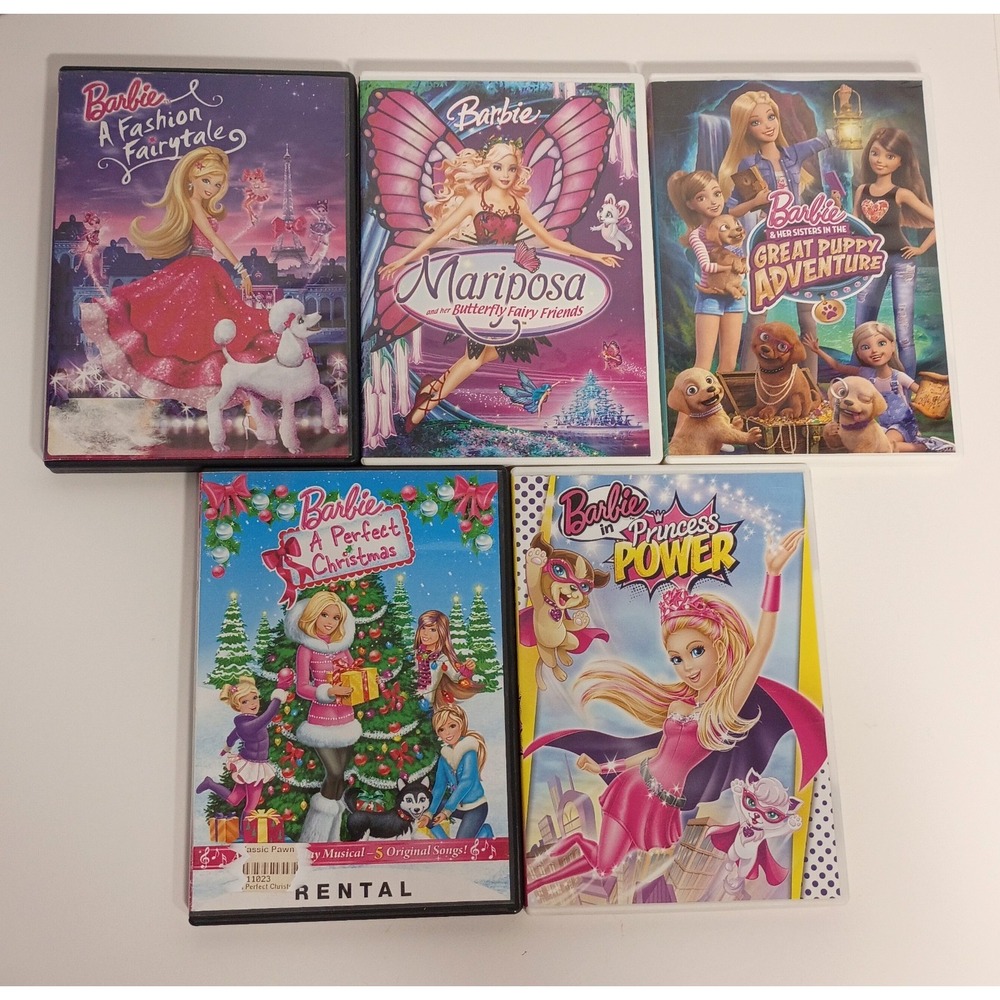 Barbie DVD Lot 5- Mariposa, Puppy Adventure, Princess Power, Perfect Christmas